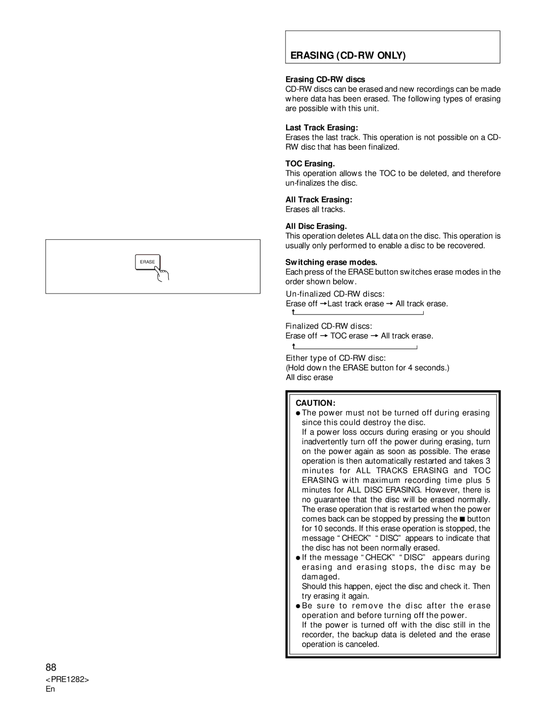 Americana Appliances CDR-850 manual Erasing CD-RW only 