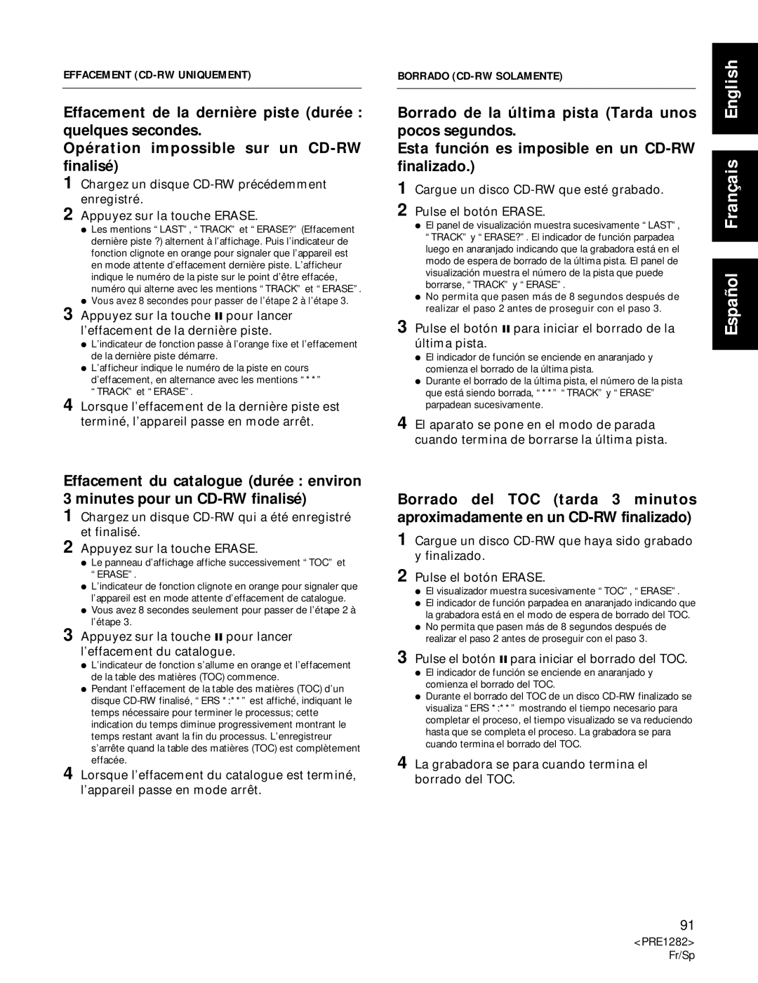 Americana Appliances CDR-850 manual Effacement CD-RW Uniquement, Borrado CD-RW Solamente 