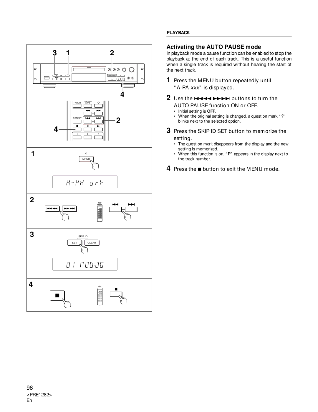 Americana Appliances CDR-850 manual Activating the Auto Pause mode, Playback 