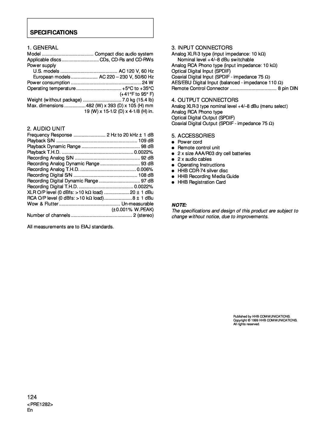 Americana Appliances CDR-850 manual Specifications, General, Audio Unit, Input Connectors, Output Connectors, Accessories 