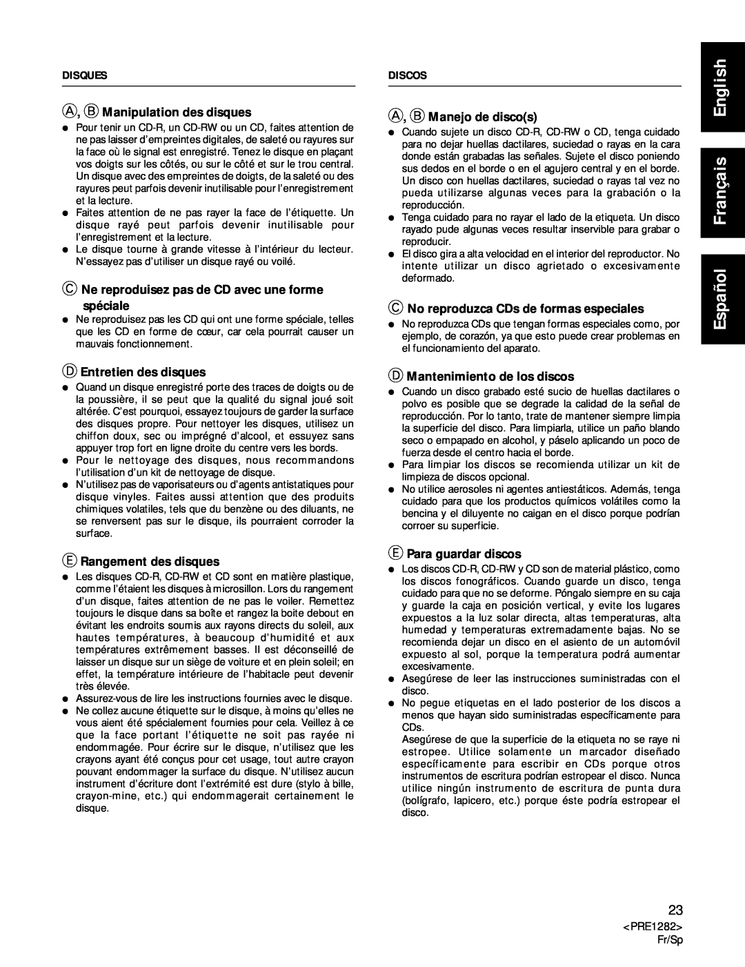 Americana Appliances CDR-850 manual Español Français English, A, B Manipulation des disques, DEntretien des disques 