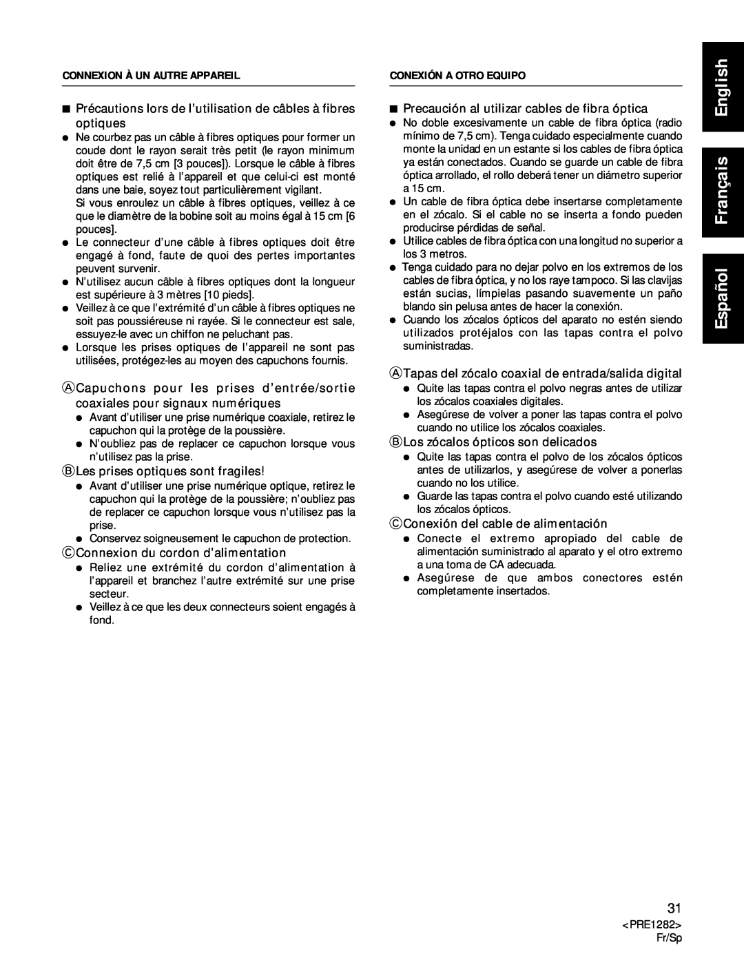 Americana Appliances CDR-850 manual Español Français English, BLes prises optiques sont fragiles 