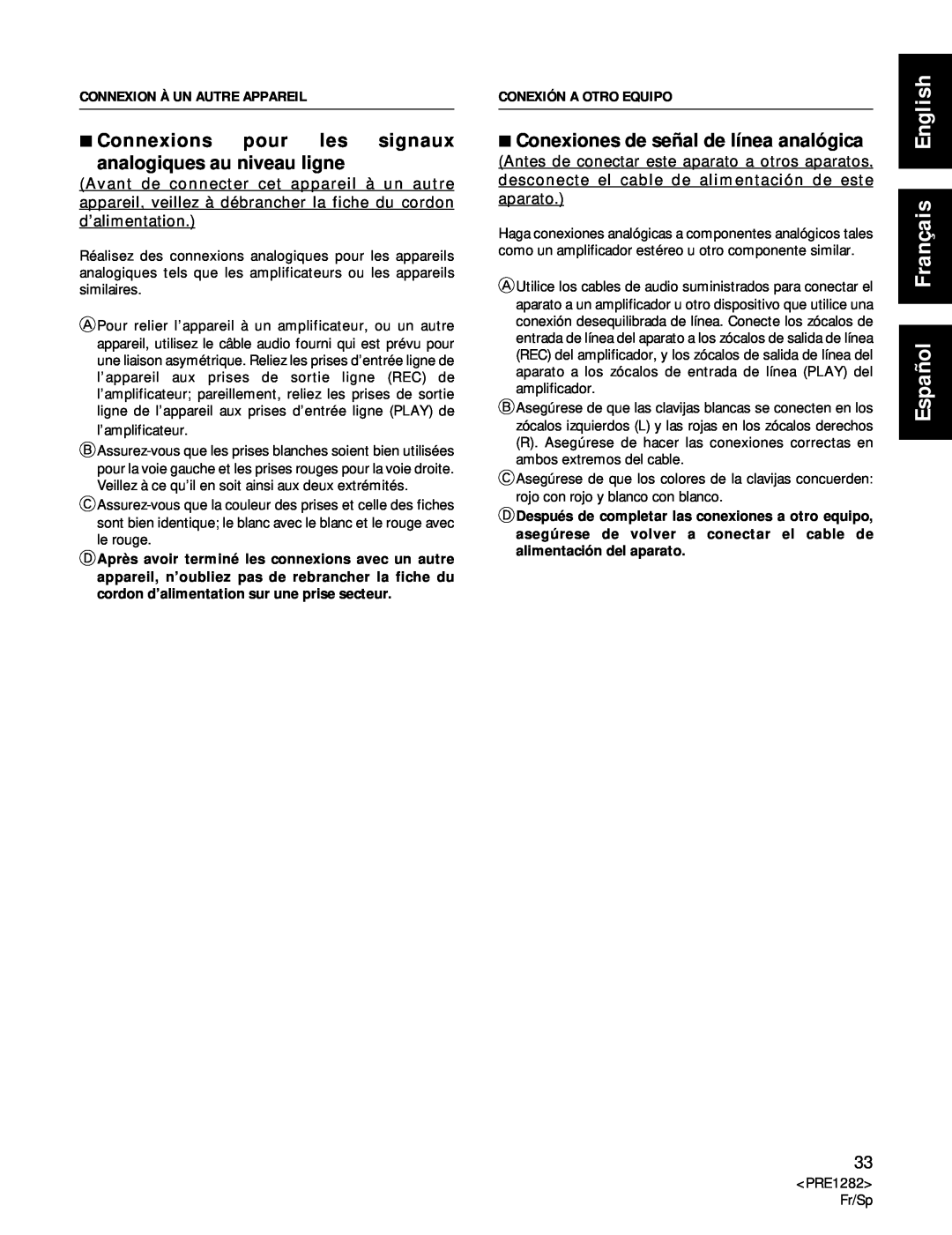 Americana Appliances CDR-850 manual 7Conexiones de señal de línea analógica, Español Français English 