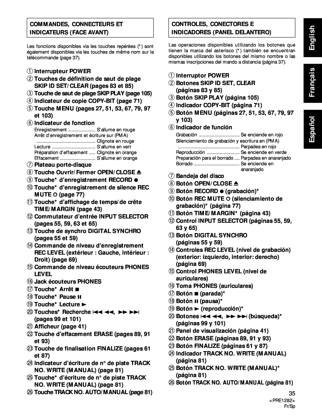 Americana Appliances CDR-850 manual Commandes, Connecteurs Et Indicateurs Face Avant, Español Français English 