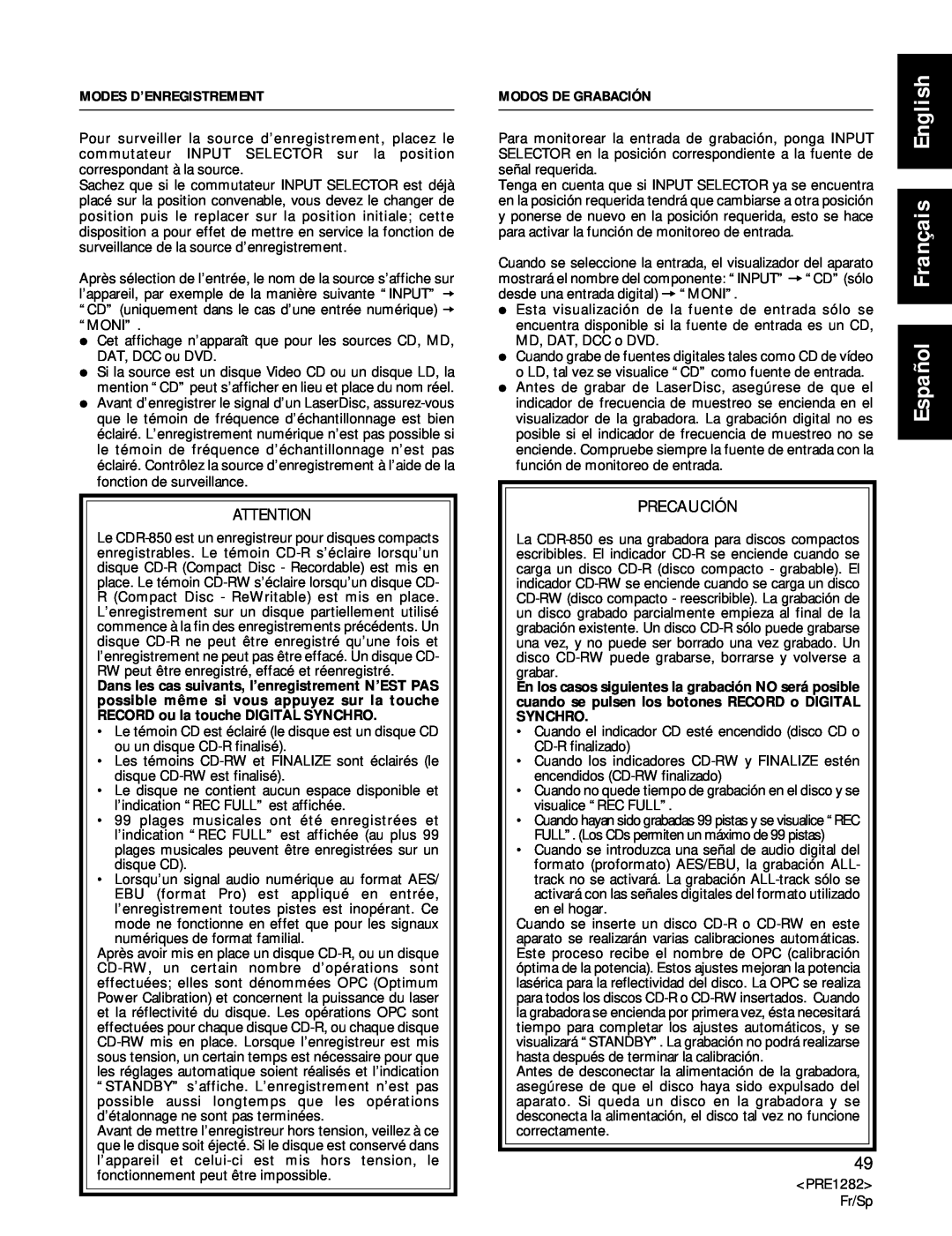 Americana Appliances CDR-850 manual Español Français English, Modes D’Enregistrement, Modos De Grabación, Precaución 