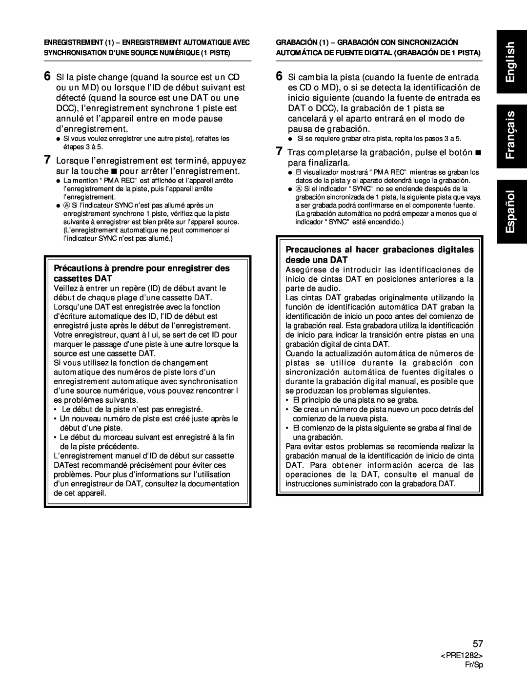Americana Appliances CDR-850 manual Español Français English, Le début de la piste n’est pas enregistré 