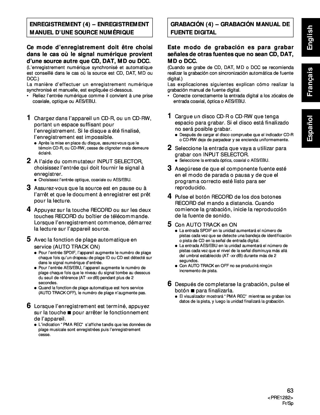 Americana Appliances CDR-850 manual GRABACIÓN 4 – GRABACIÓN MANUAL DE FUENTE DIGITAL, Español Français English 