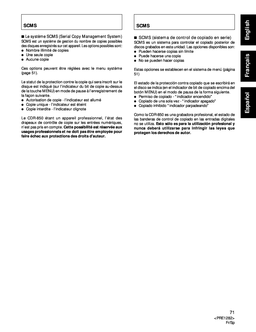 Americana Appliances CDR-850 manual Español Français English, Scms, 7Le système SCMS Serial Copy Management System 