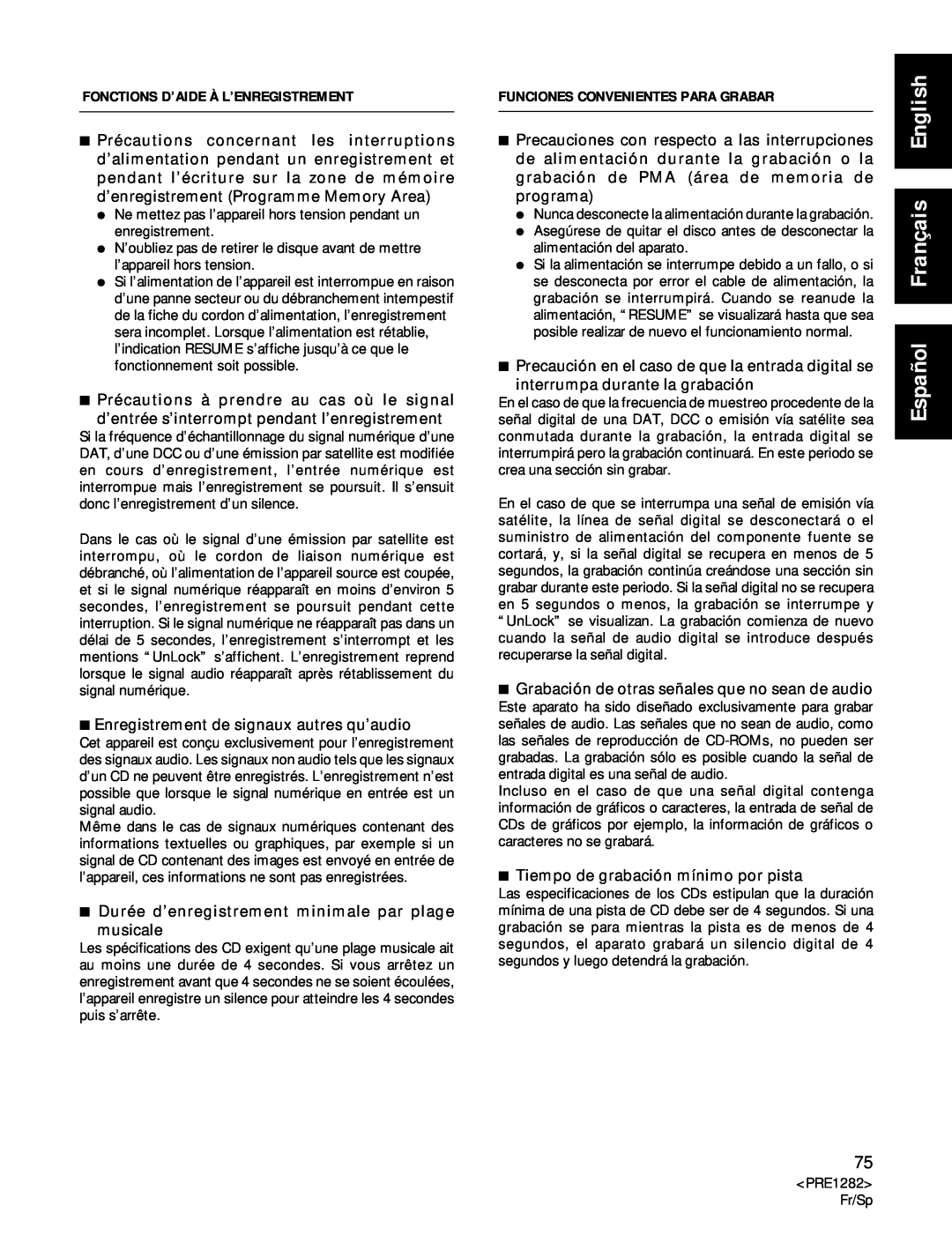 Americana Appliances CDR-850 manual Español Français English, Fonctions D’Aide À L’Enregistrement 