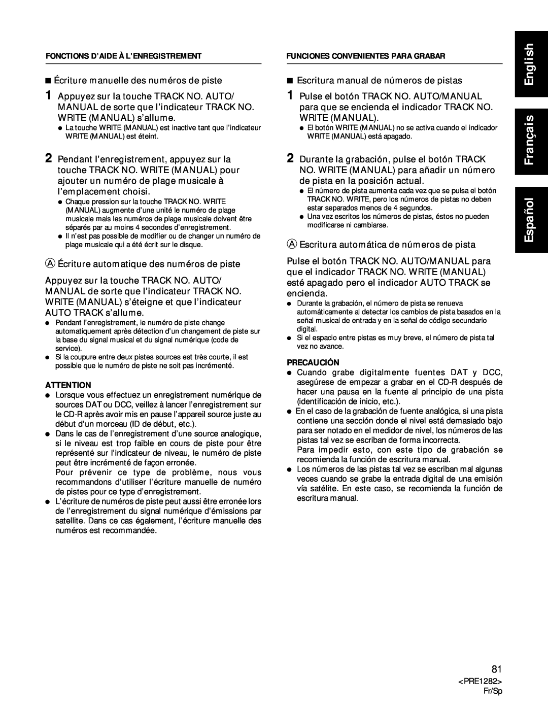 Americana Appliances CDR-850 manual Español Français English, 7Écriture manuelle des numéros de piste 
