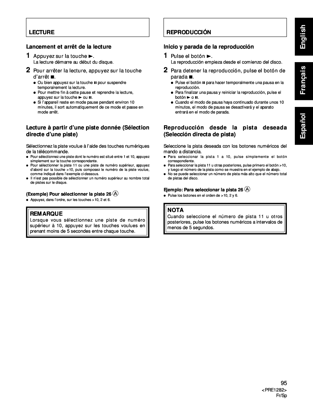 Americana Appliances CDR-850 Lecture, Reproducción, Español Français English, Exemple Pour sélectionner la piste 26 A 