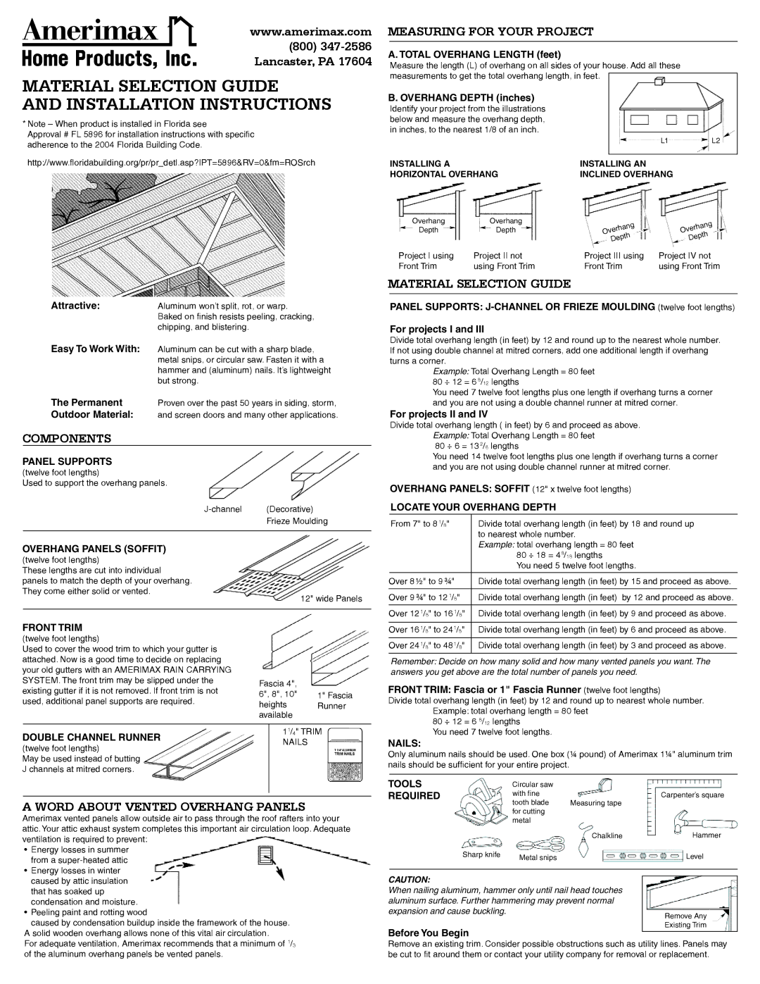 Amerimax Home Material installation instructions Measuring for Your Project, Material Selection Guide, Components 