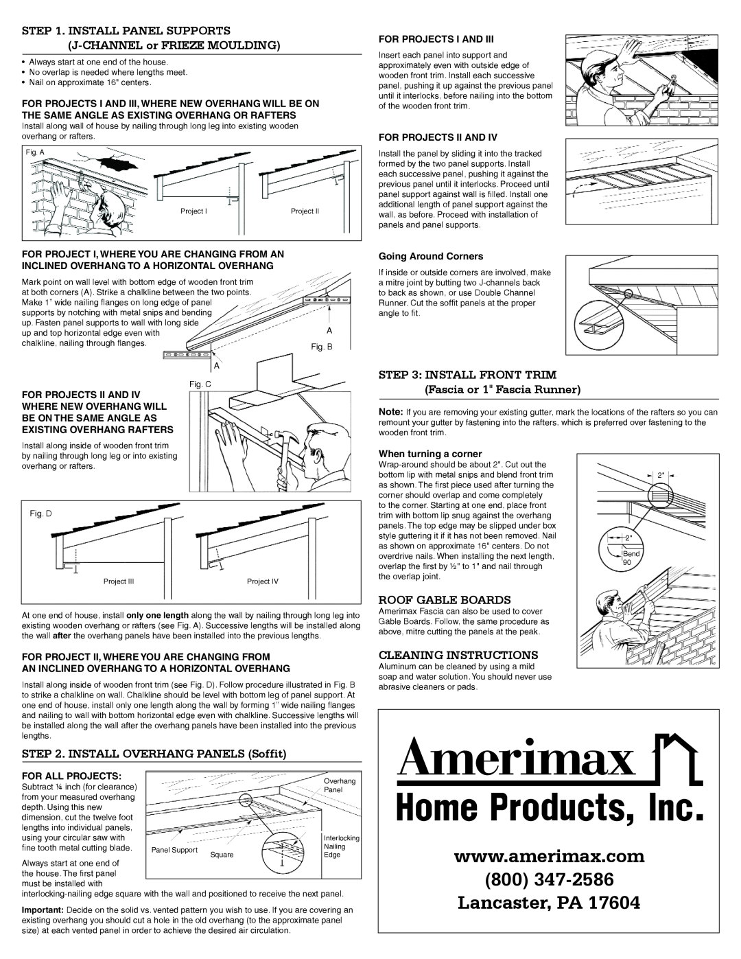 Amerimax Home Material installation instructions INSTALL OVERHANG PANELS Soffit, Roof Gable Boards, Cleaning Instructions 