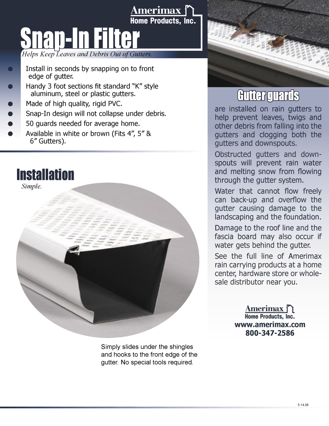 Amerimax none manual Snap-In Filter, Installation, Gutter guards, Helps Keep Leaves and Debris Out of Gutters, Simple 