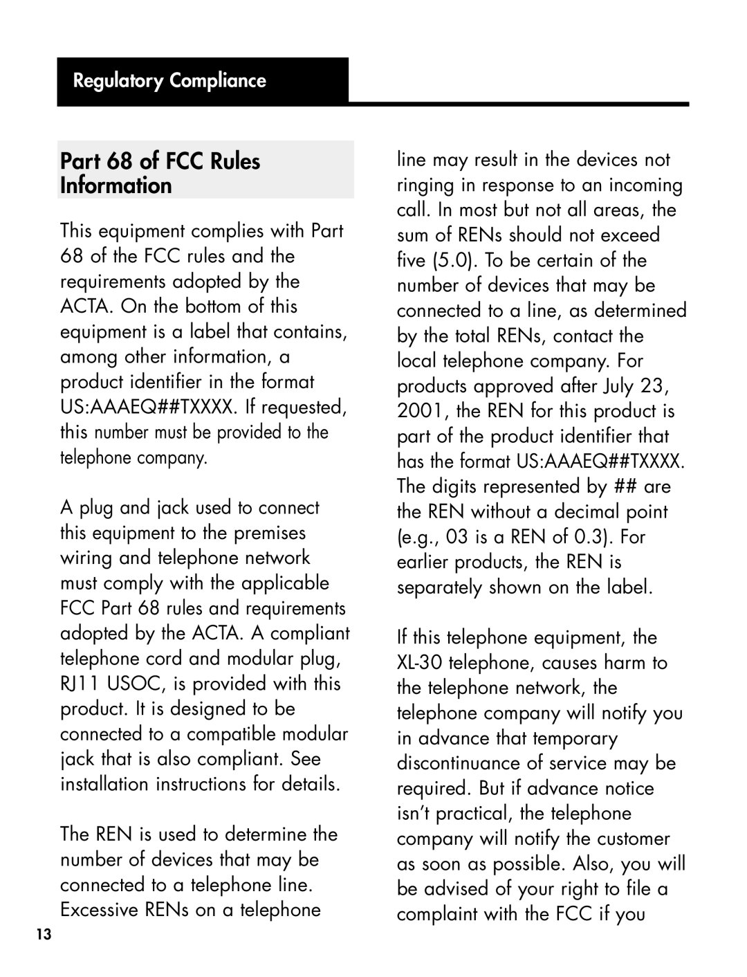 Ameriphone 30 manual Part 68 of FCC Rules Information, Regulatory Compliance 