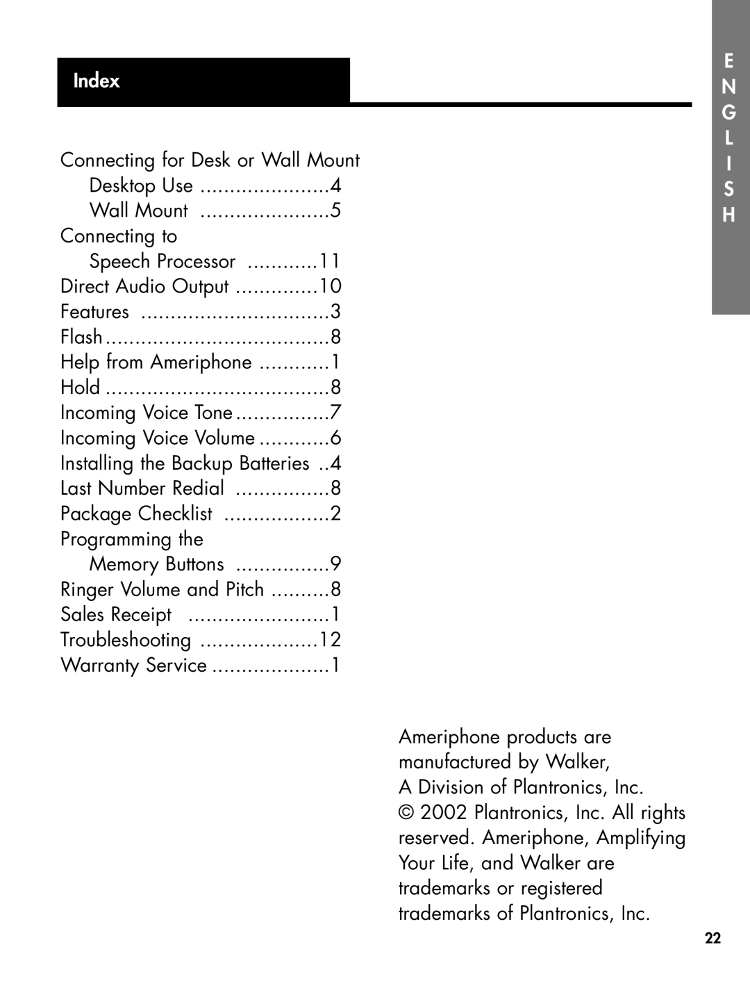 Ameriphone 30 manual Index 