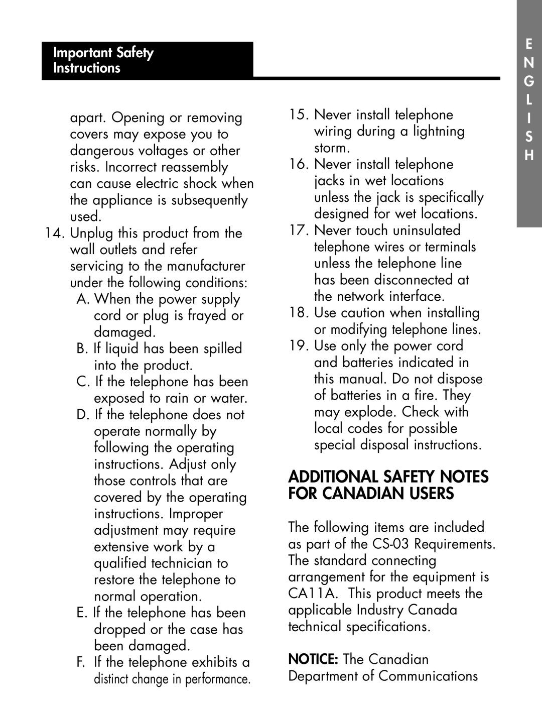 Ameriphone 30 manual Additional Safety Notes for Canadian Users 