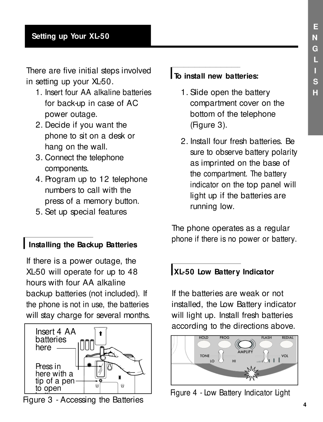 Ameriphone manual Insert 4 AA Batteries Here, Setting up Your XL-50 