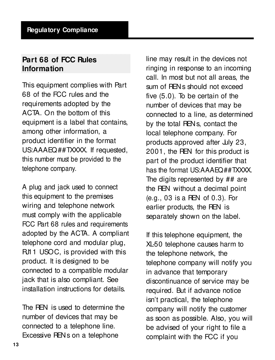 Ameriphone 50 manual Part 68 of FCC Rules Information, Regulatory Compliance 