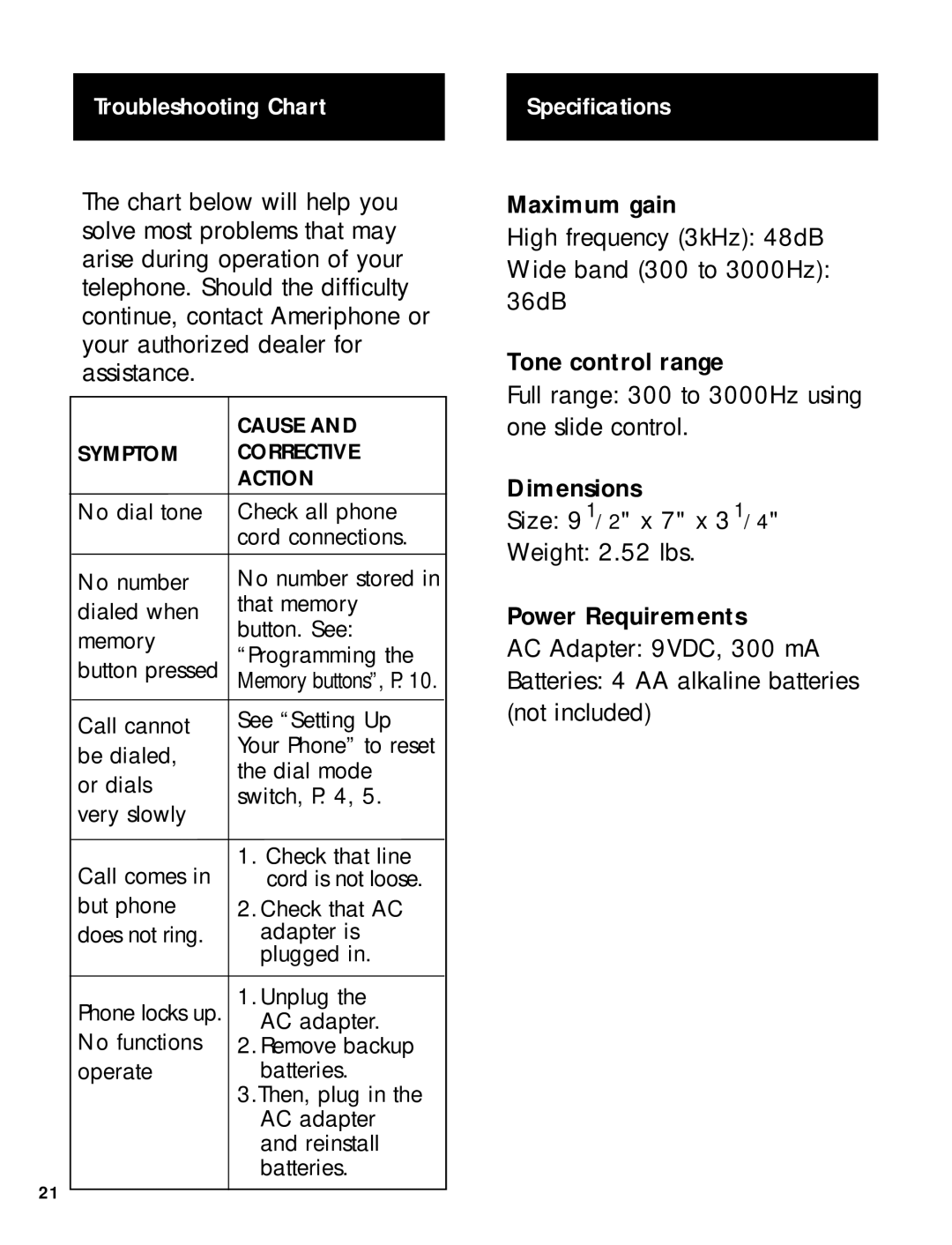 Ameriphone 50 manual Troubleshooting Chart, Specifications 