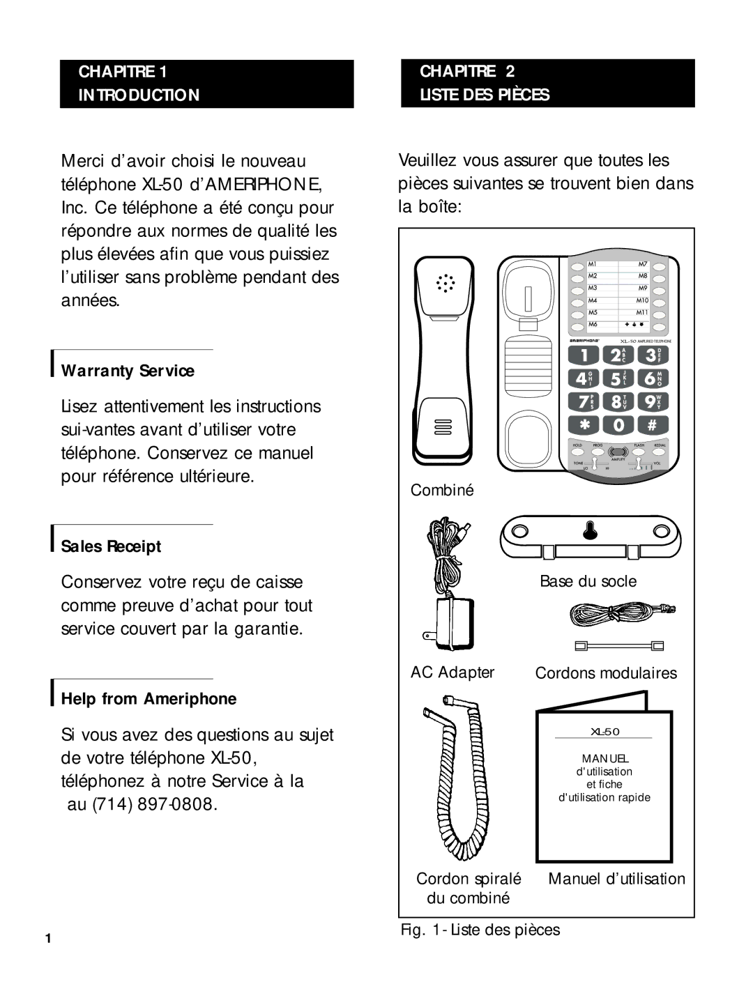 Ameriphone 50 manual Chapitre Introduction, Chapitre Liste DES Pièces 