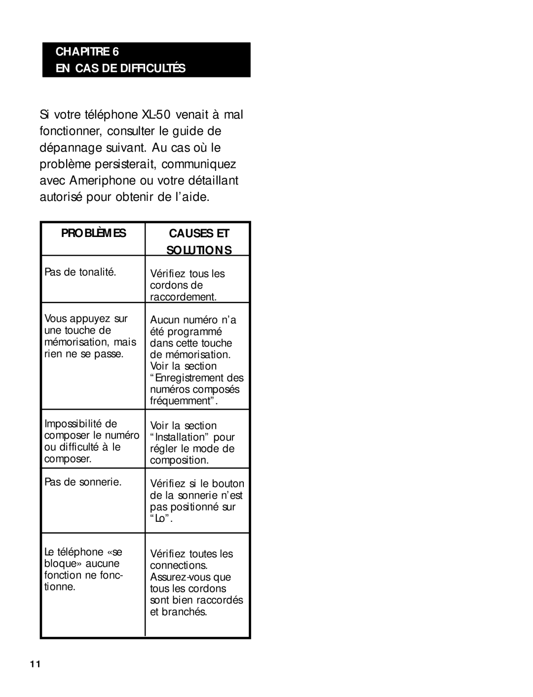 Ameriphone 50 manual Chapitre EN CAS DE Difficultés, Problèmes Causes ET Solutions 