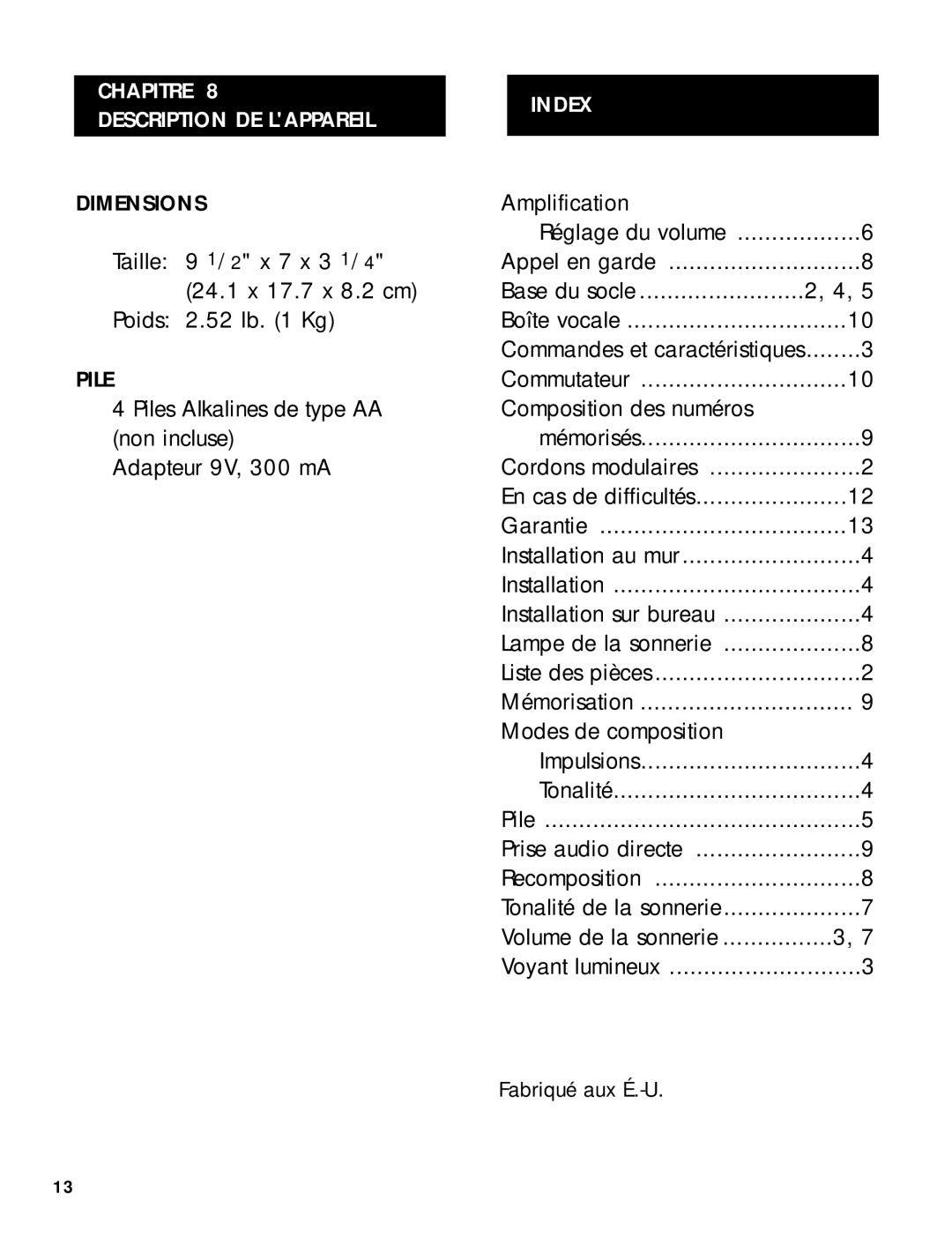 Ameriphone 50 manual Chapitre Description DE Lappareil, Index 