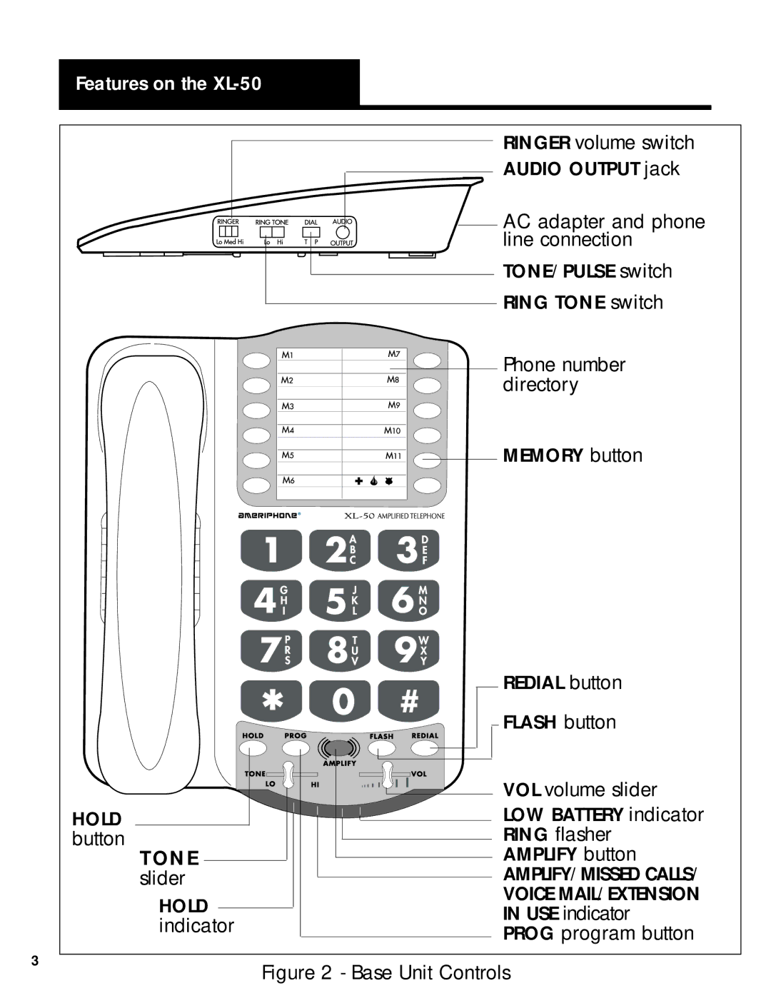 Ameriphone manual Features on the XL-50, Tone 