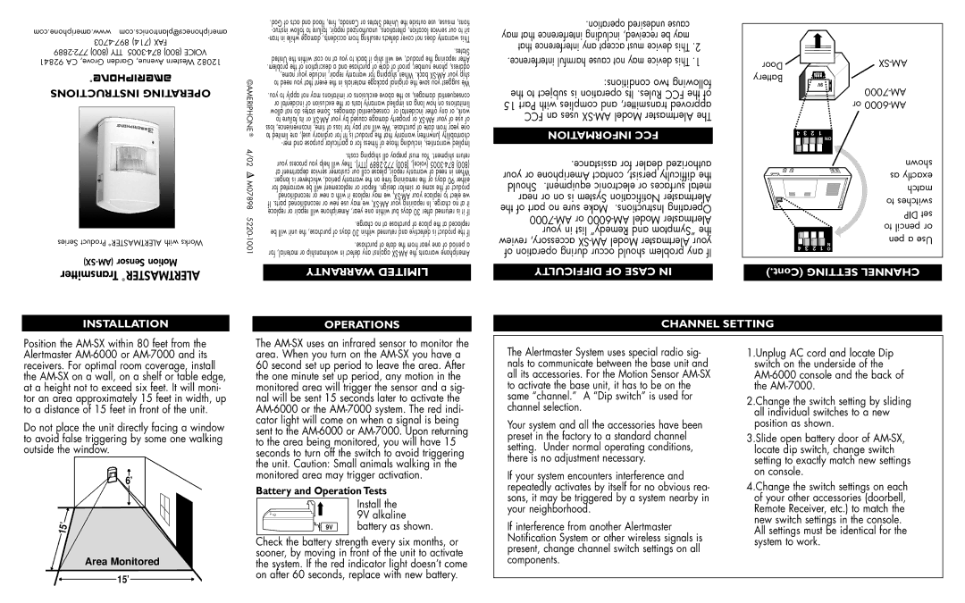 Ameriphone AM-7000, AM-6000 warranty Warranty Limited, Information FCC, Difficulty of Case, Installation, Operations 