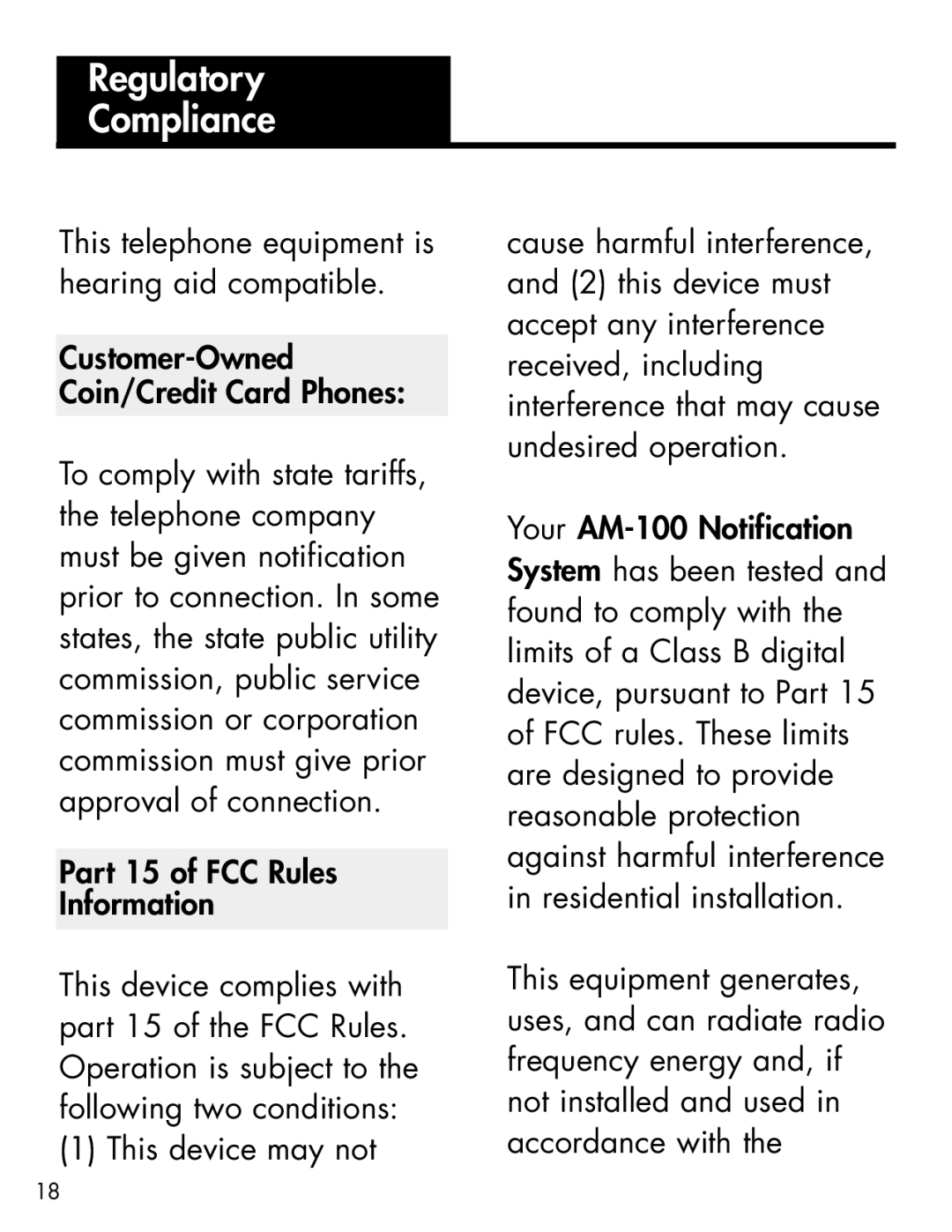 Ameriphone AM-RX2 manual Regulatory Compliance 