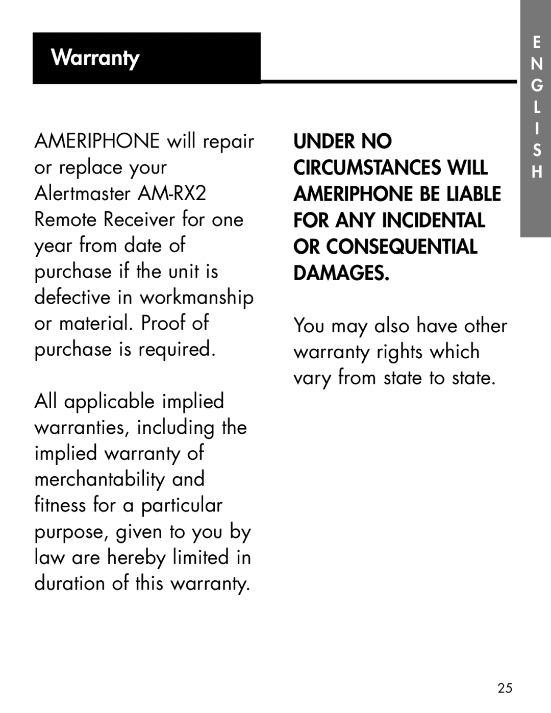 Ameriphone AM-RX2 manual Warranty 