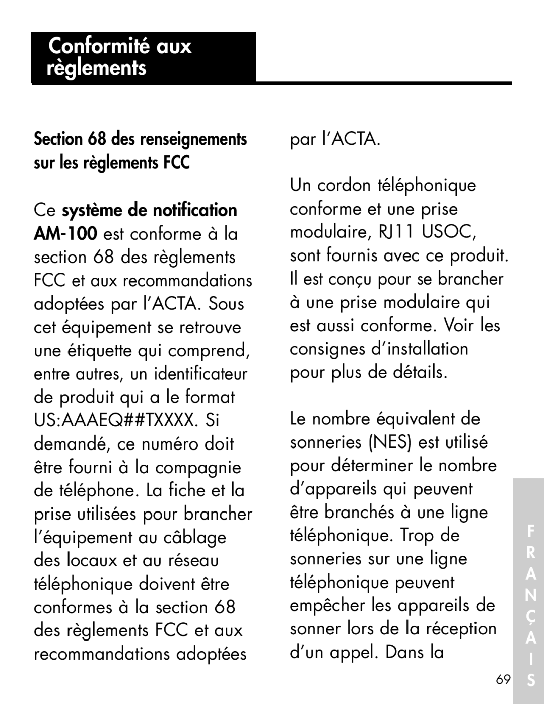 Ameriphone AM-RX2 manual Conformité aux règlements, Par l’ACTA 