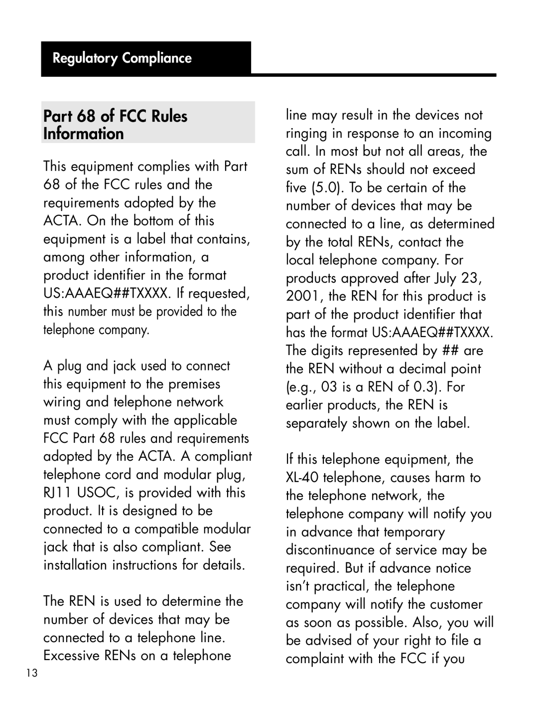 Ameriphone AMPLIFIED TELEPHONE manual Part 68 of FCC Rules Information, Regulatory Compliance 