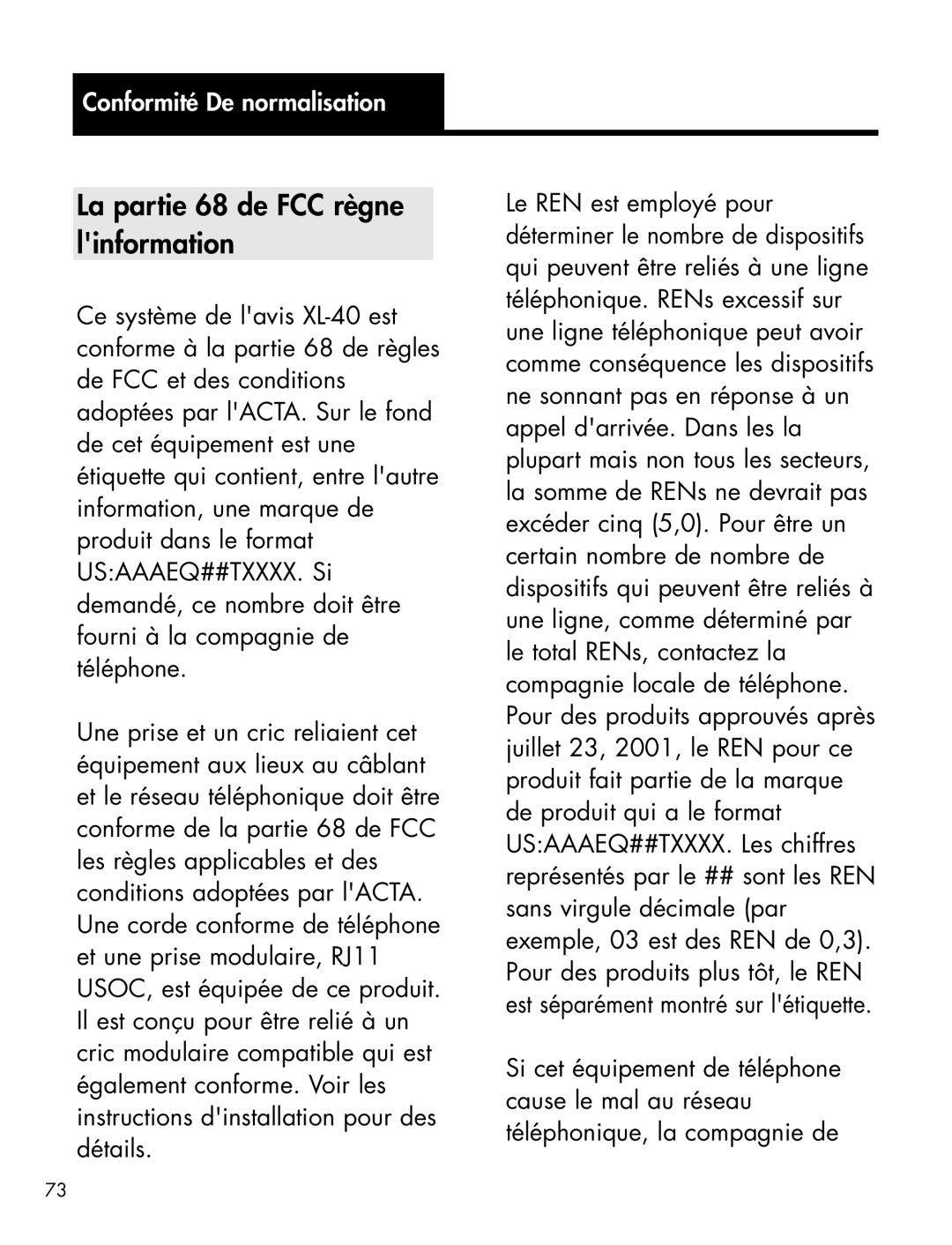 Ameriphone AMPLIFIED TELEPHONE manual La partie 68 de FCC règne linformation, Conformité De normalisation 