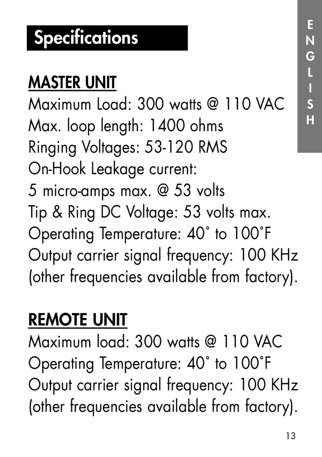 Ameriphone CA-200, CA-100 manual Specifications, Master Unit 