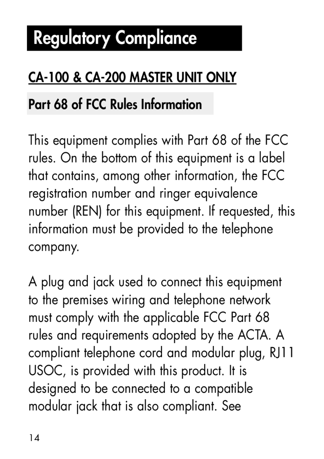 Ameriphone CA-100, CA-200 manual Regulatory Compliance, Part 68 of FCC Rules Information 