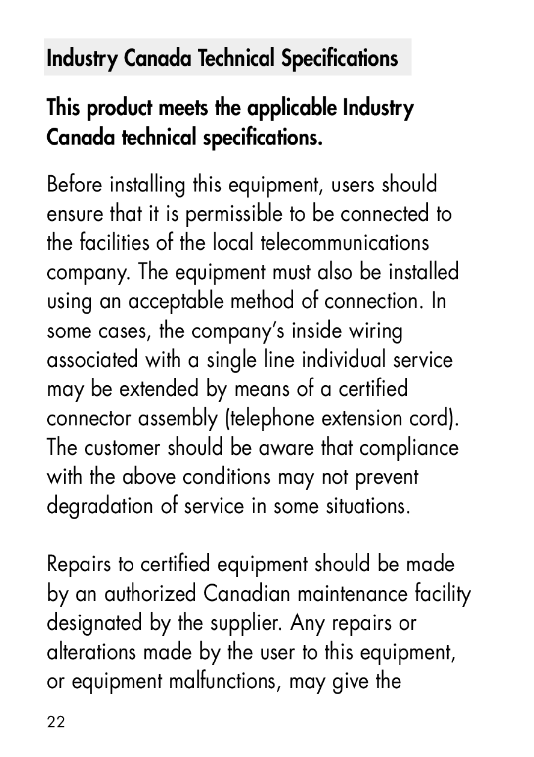 Ameriphone CA-100, CA-200 manual Industry Canada Technical Specifications 