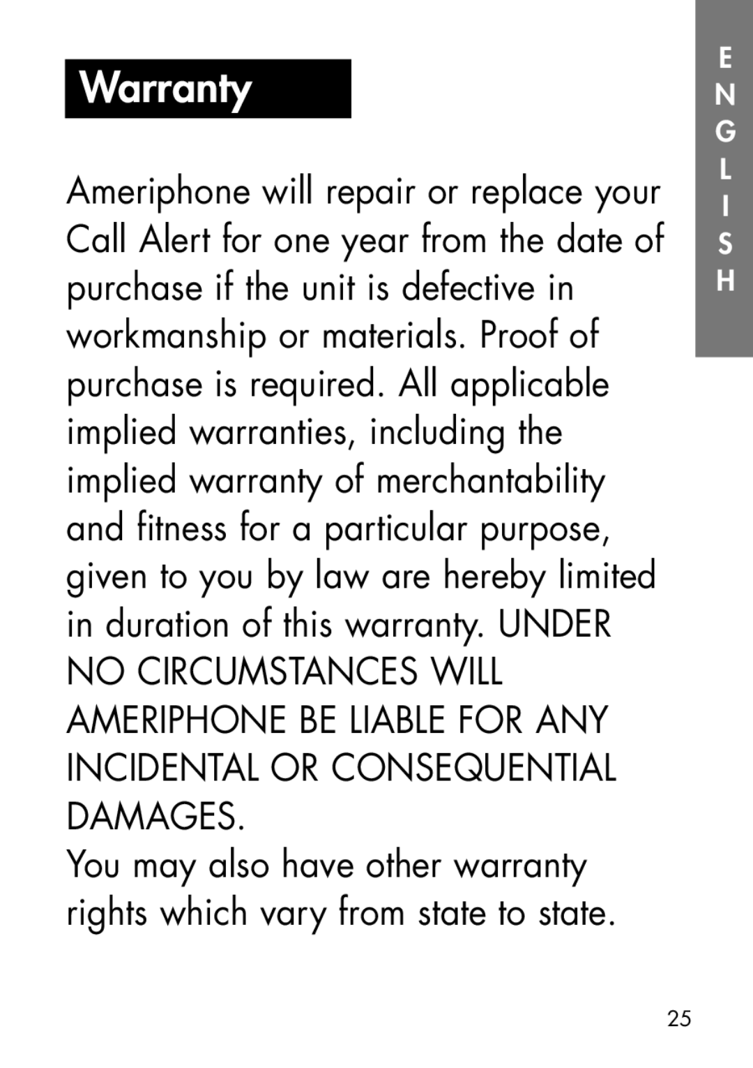 Ameriphone CA-200, CA-100 manual Warranty 