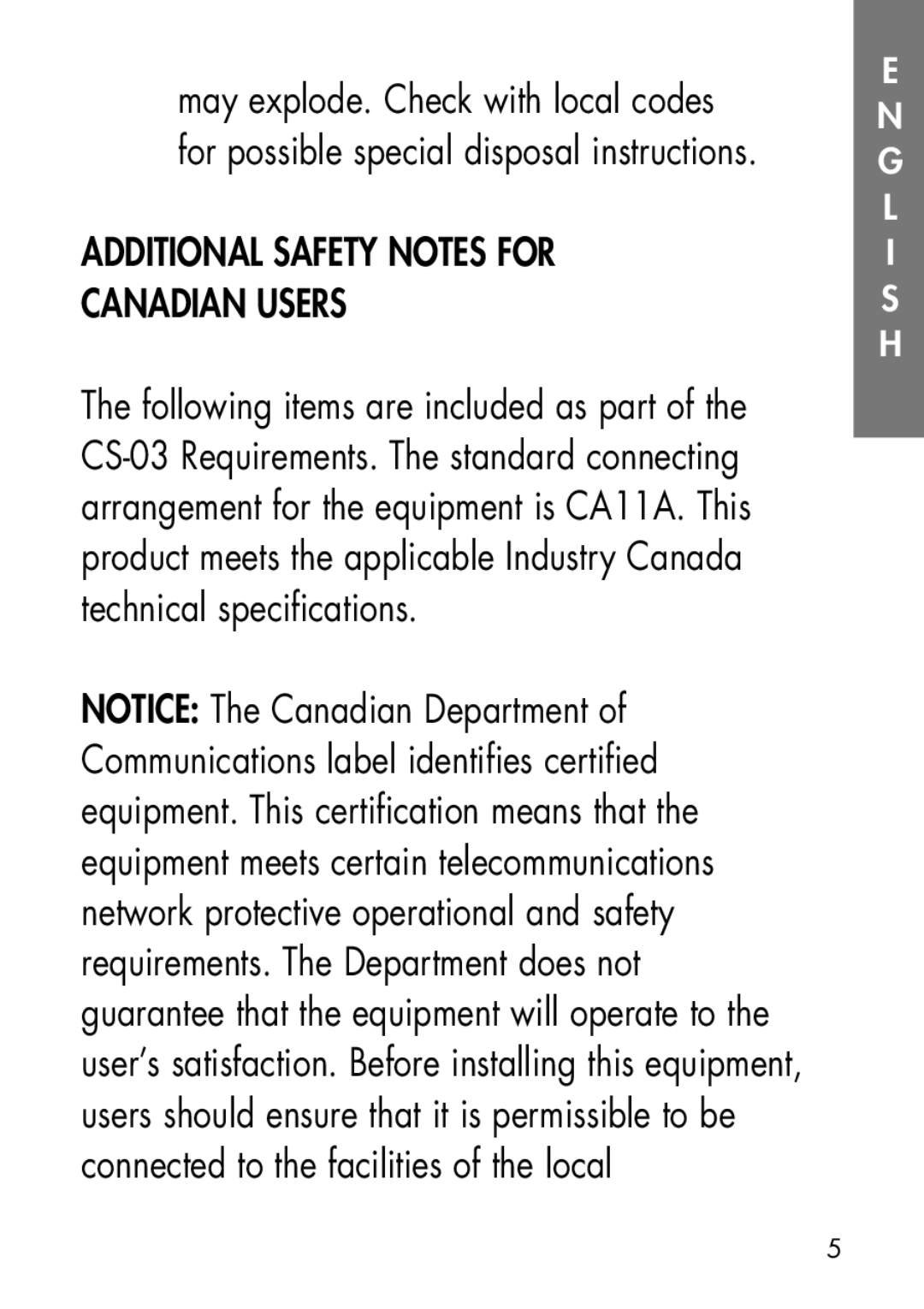 Ameriphone CA-200, CA-100 manual Additional Safety Notes for Canadian Users 