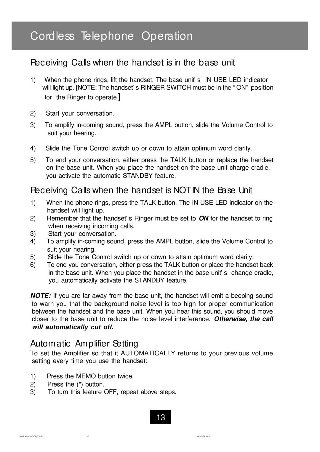 Ameriphone CL-40 operating instructions Cordless Telephone Operation, Receiving Calls when the handset is in the base unit 