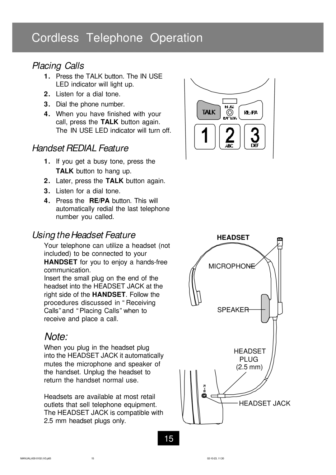 Ameriphone CL-40 operating instructions Placing Calls, Handset Redial Feature, Using the Headset Feature 