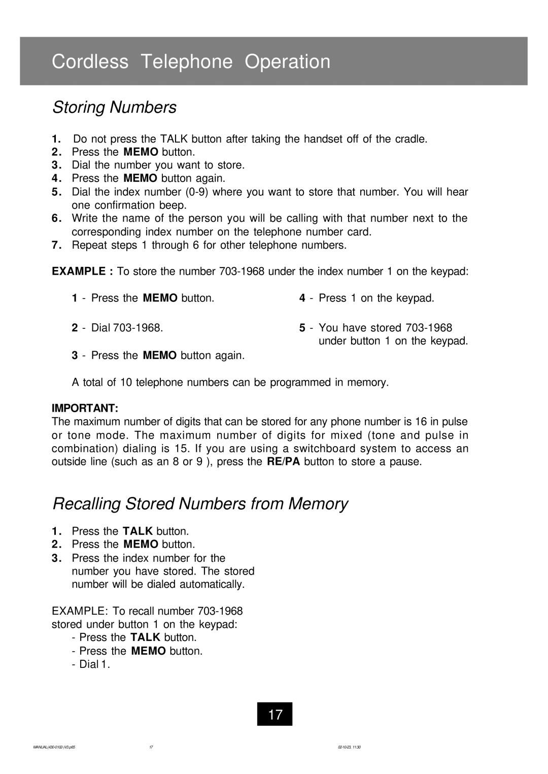 Ameriphone CL-40 operating instructions Storing Numbers, Recalling Stored Numbers from Memory 