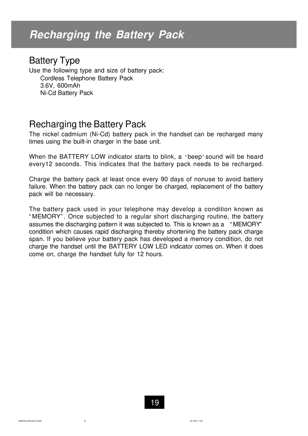 Ameriphone CL-40 operating instructions Recharging the Battery Pack, Battery Type 