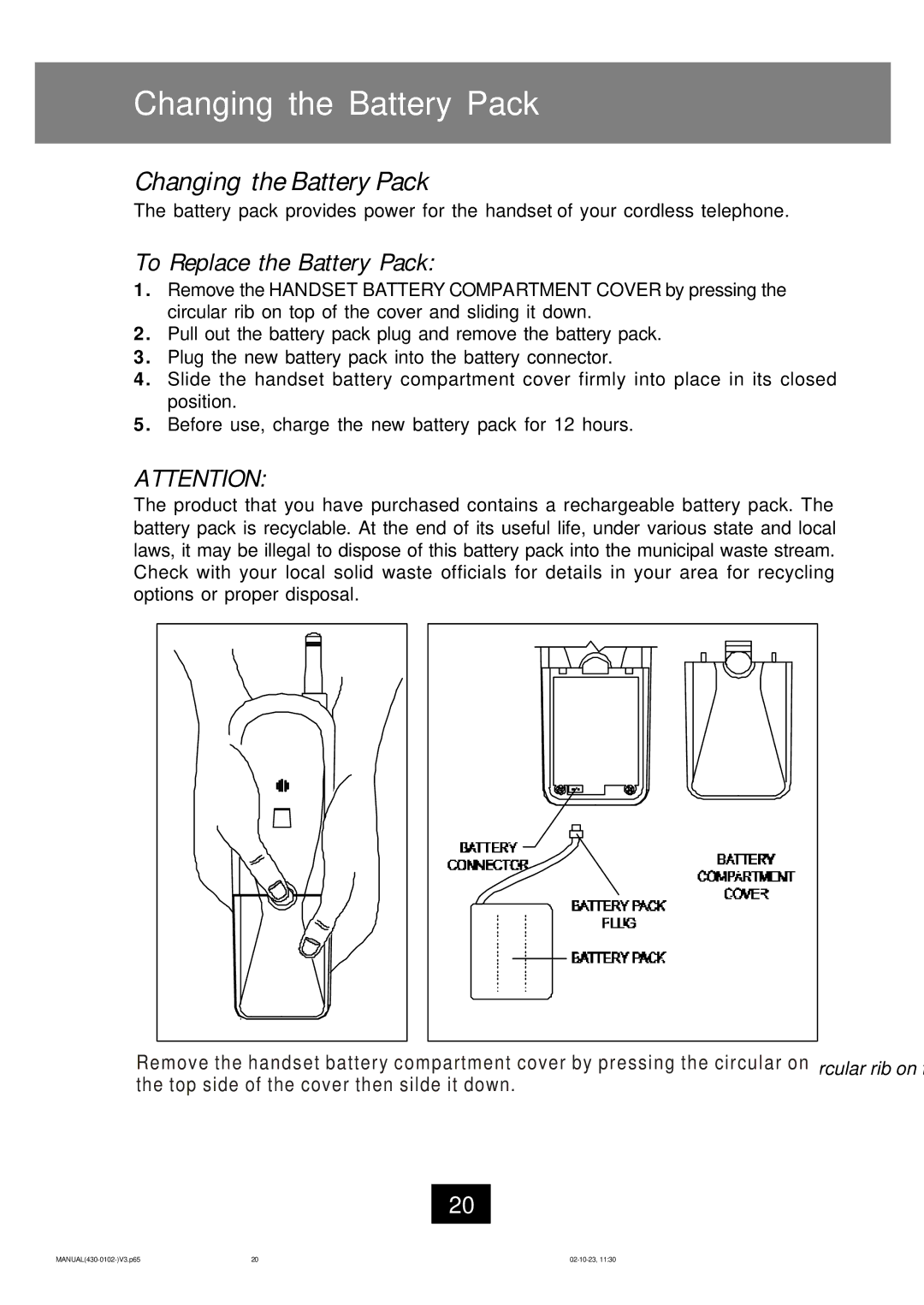 Ameriphone CL-40 operating instructions Changing the Battery Pack, To Replace the Battery Pack 