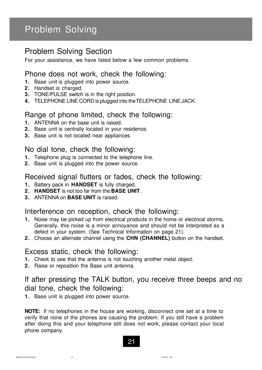 Ameriphone CL-40 operating instructions Problem Solving Section 