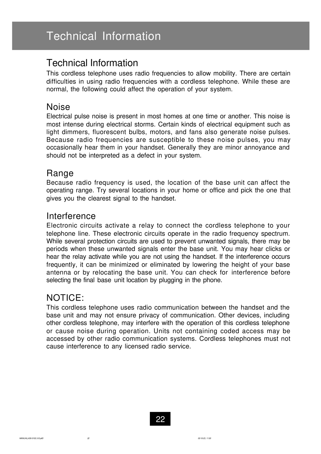 Ameriphone CL-40 operating instructions Technical Information, Noise, Range, Interference 