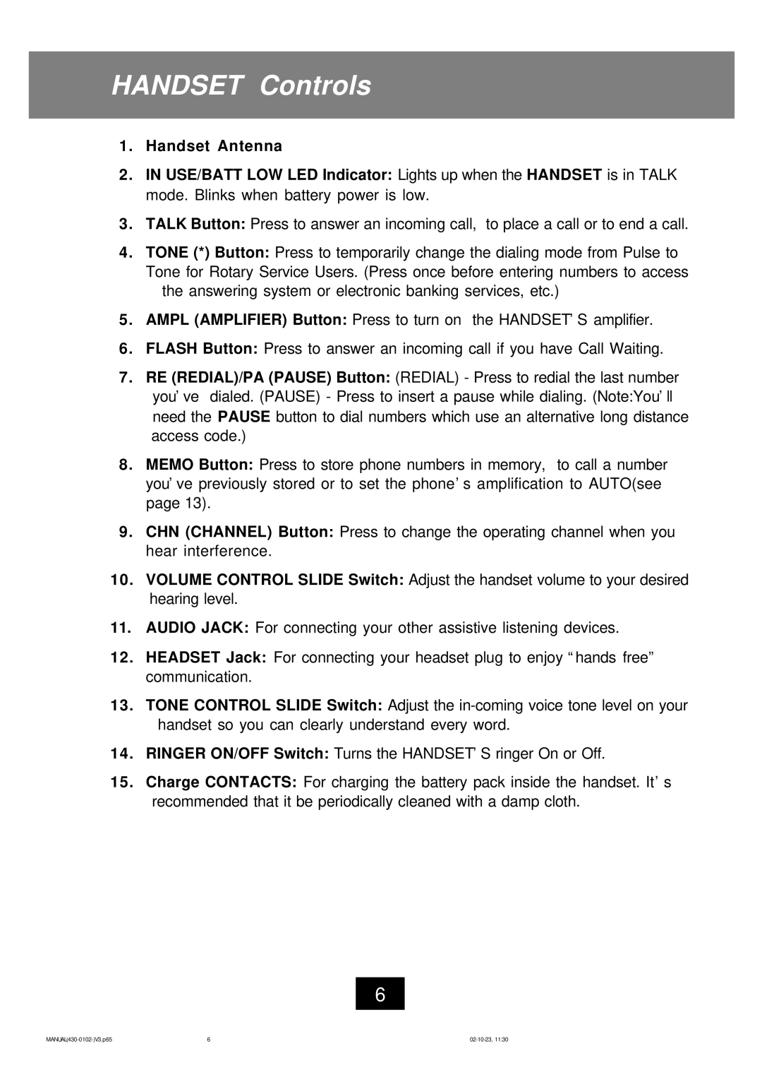 Ameriphone CL-40 operating instructions Handset Controls 