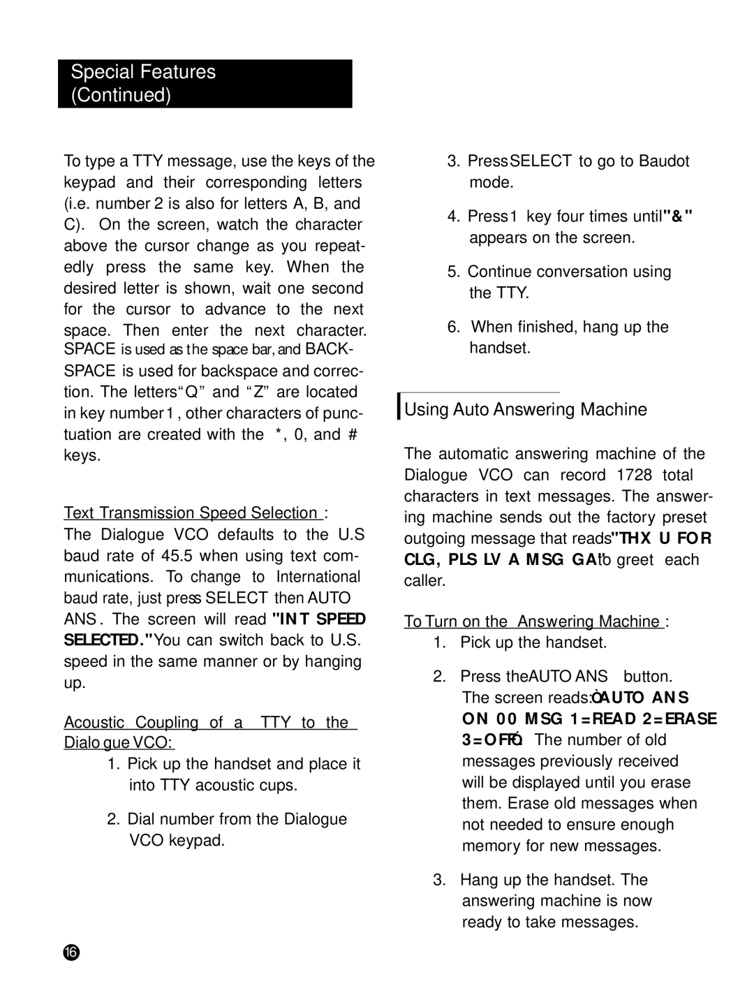 Ameriphone DIALOGUE VCO Using Auto Answering Machine, Text Transmission Speed Selection, To Turn on the Answering Machine 