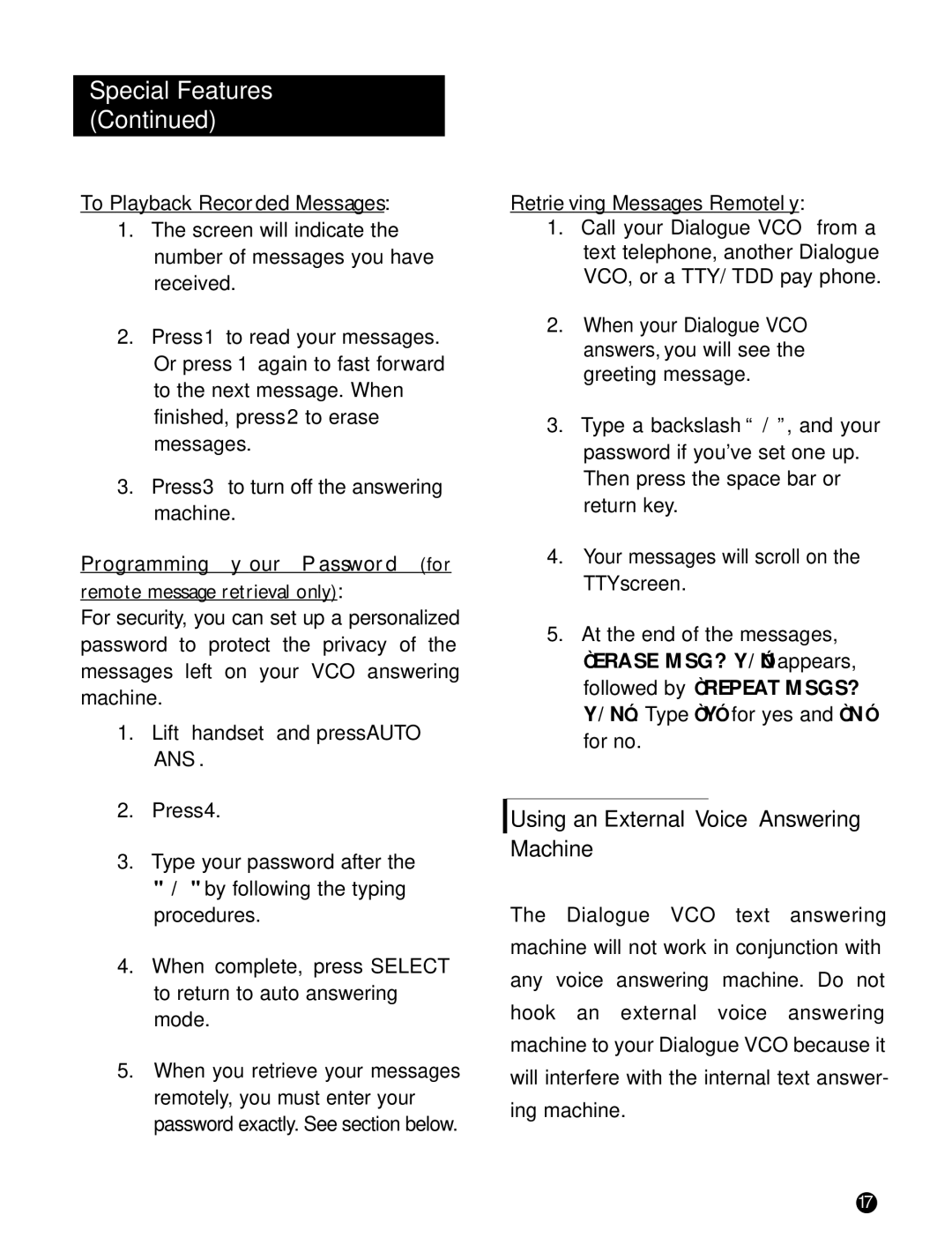 Ameriphone DIALOGUE VCO operating instructions Using an External Voice Answering Machine, To Playback Recorded Messages 