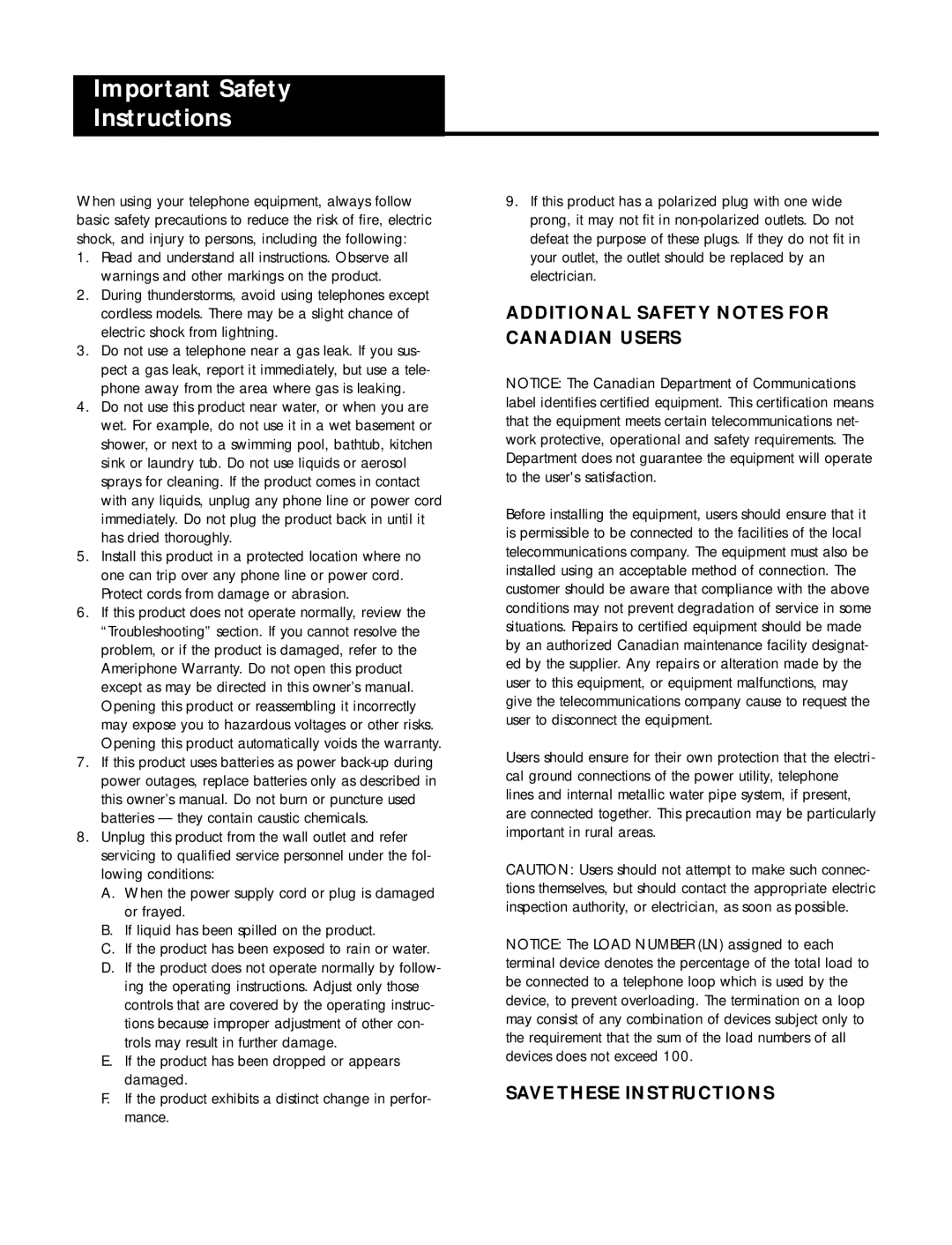 Ameriphone DIALOGUE VCO operating instructions Important Safety Instructions, Additional Safety Notes for Canadian Users 